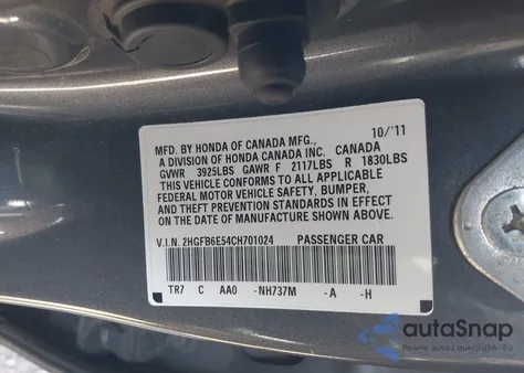 2012 Honda Civic Si z USA, uszkodzony, nr VIN 2HGFB6E54CH701024